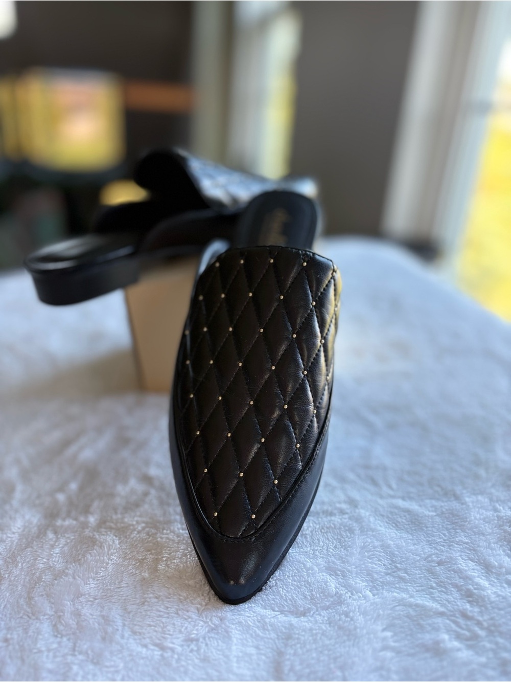 Charles David Black Quilted Pointed-Toe Studded Mules